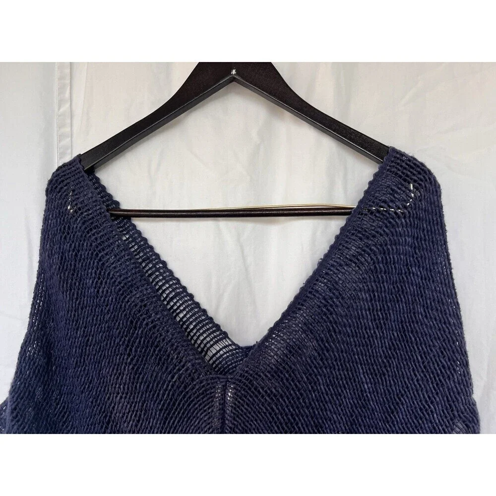 Monserat De Lucca Navy Open Weave Knit Tunic Cover-Up Fringe Hem Boho Resort OS
